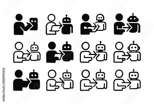 Robot Control Logos. A person controlling a robot via a tablet. Icon set. Set Logo of A person controlling a robot via a tablet: Command Link Arrow Between