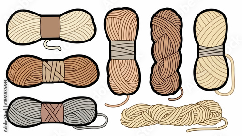 Various colors and styles of yarn balls, some with braided strands