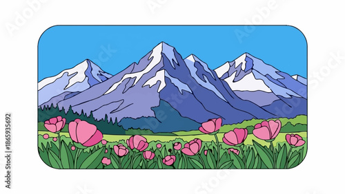 Snow-capped mountains loom over a field of vibrant pink flowers and green grass under a clear blue sky