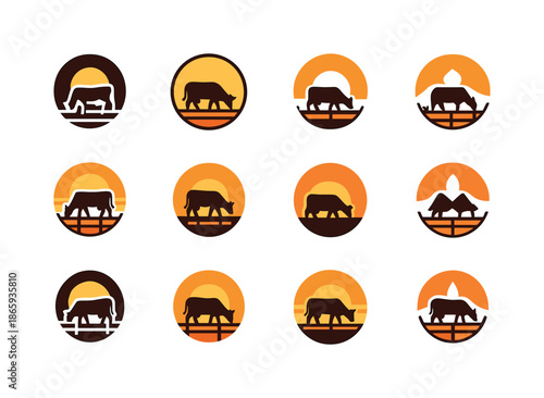 Sunset Grazing Logos. Sunset grazing. Icon set. Set Logo of Sunset grazing: pasture fence. harmonious logo variations of the same emblematic concept, each with