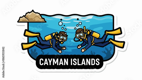 Two divers explore a coral reef under the blue ocean waves