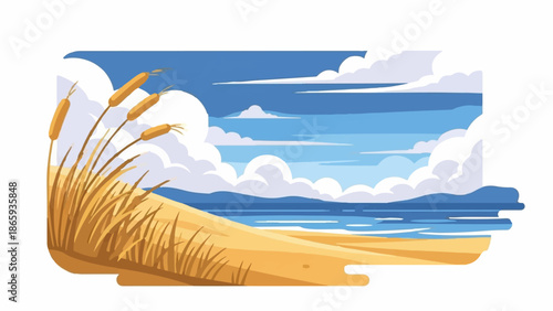Sandy shore meets calm ocean under a bright blue sky with fluffy clouds