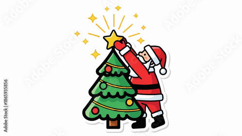Santa Claus decorates a Christmas tree with a glowing star atop, surrounded by festive sparkle