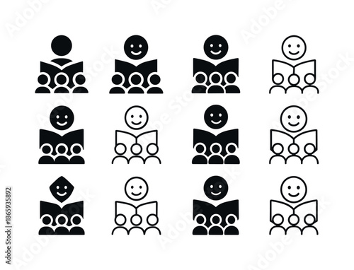 Reading Aloud Icons. Reading aloud to students. Icon set. Set Logo of Reading aloud to students: book and smiling face. harmonious logo variations of the same