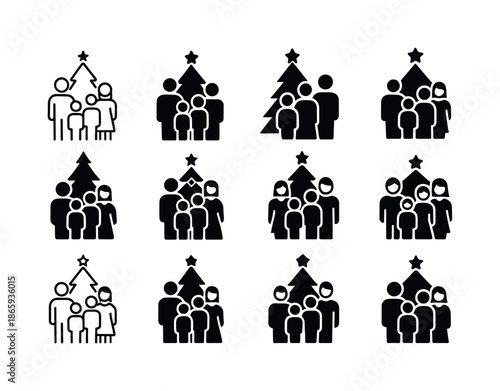 Christmas Family Icon Set. family taking a holiday photo in front of the christmas tree. Icon set. Set Logo of family taking a holiday photo in front of the