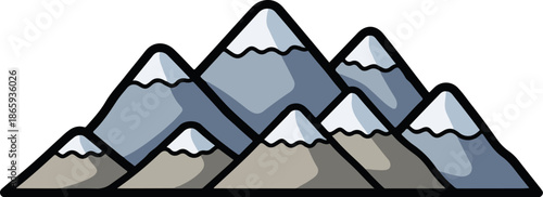 Stylized snow-capped mountain range with black outlines on a white background
