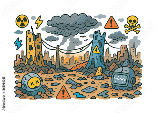Colorful Dystopian Landscape. Dystopian landscape. Colorful Hand-drawn doodle Children illustration Dystopian landscape ruined towers, cables, dark clouds,