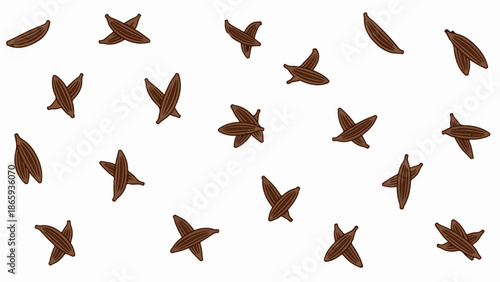 Scattered collection of star anise pods on a white background