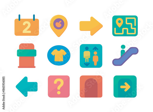 Store Navigation Icons. Store navigation. Colorful flat vector icons set of store navigation: aisle number sign, category marker, directional arrow, store map