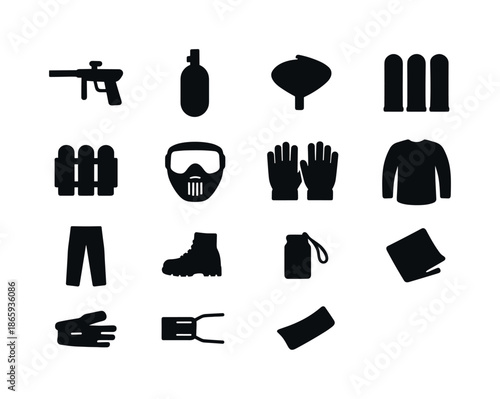 Paintball Gear Icons. Paintball gear. Solid icon set of Paintball gear: marker, air tank, hopper, pods, pod pack, mask, gloves, jersey, pants, boots, barrel