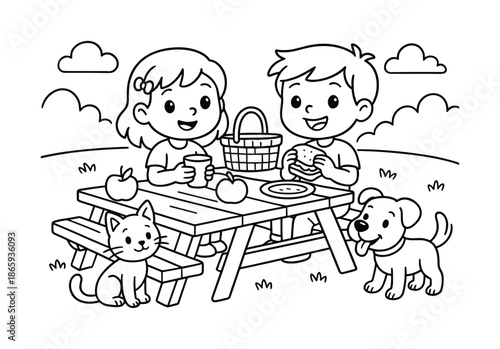 Kids' Picnic Coloring. Picnic with pets children?s coloring book illustration, outlined drawing, cartoon children sitting on a picnic bench with friendly dogs