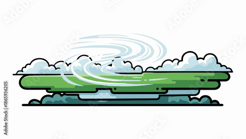 Swirling wind and clouds over a stylized green landscape