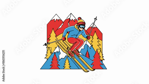 Vibrant cartoon skier descends snowy mountain with colorful trees