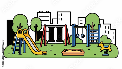 Vibrant cityscape playground with slide, swings, rings, sandbox, and bouncer