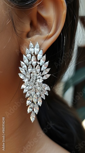Beautiful woman with big earrings, jewelry close-up. Her hair is beautifully styled.