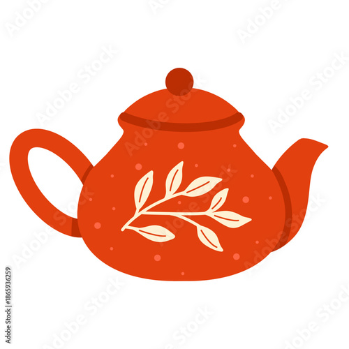 Red teapot with leaf pattern. For cafe menus, tea branding, kitchen decor, stickers, posters and web banners.