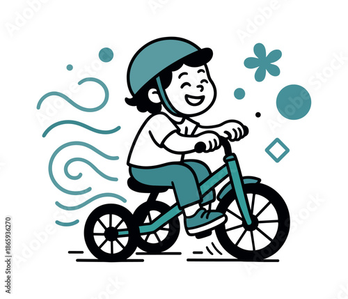 Joyful Tricycle Adventure. Tricycle ride. A child pedals joyfully on a bright trike; playful motion lines swirl behind the wheels. Floating shapes echo