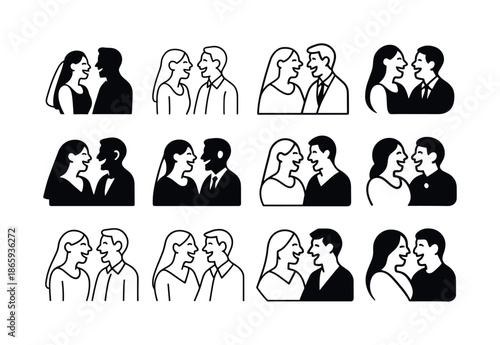 Wedding Emotions Icons. Candid wedding moments and emotions. Icon set. Set Logo of candid wedding moments and emotions: shared laughter between bride and