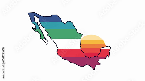 Stylized map outline filled with rainbow stripes and a sunset circle