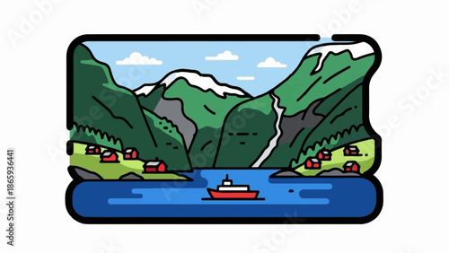 Scenic fjord with snow-capped mountains, green hills, red houses, and a boat