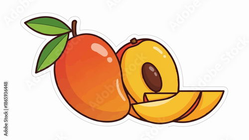 Vibrant cartoon-style depiction of ripe mangoes, one whole with leaves, one halved showing pit, and slices