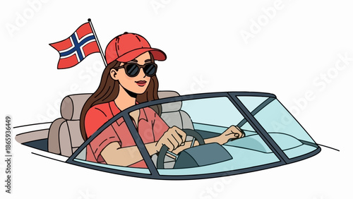 Young woman wearing sunglasses and cap, driving a boat with a Norwegian flag