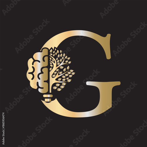 Brain Tree Logo  combine with letter G vector template