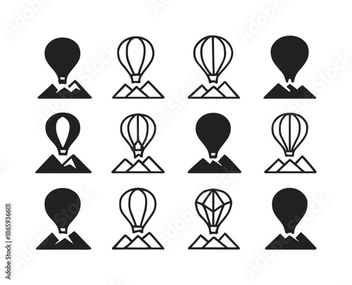 Hot Air Balloon Logos. hot air balloons. Icon set. Set Logo of hot air balloons: balloon over mountain landscape. harmonious logo variations of the same