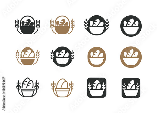 Bread Basket Icons. bread basket. Icon set. Set Logo of bread basket: wheat-decorated basket. harmonious logo variations of the same emblematic concept, each