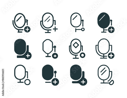 Bathroom Mirror Icons. Adding a new mirror in the bathroom. Icon set. Set Logo of adding a new mirror in the bathroom: adjustable mirror hinge. harmonious logo