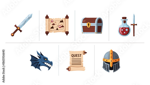 Fantasy Game Icons Sword Treasure Quest.