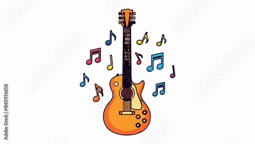 Vibrant electric guitar with colorful musical notes floating around it