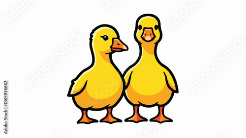 Two fluffy yellow ducklings stand side-by-side, looking forward