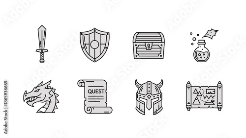 Fantasy icons sword shield treasure dragon.
