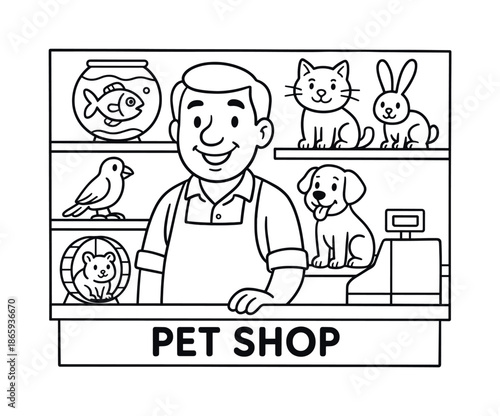 Pet Shop Coloring. Pet shop owner behind counter children?s coloring book illustration, outlined drawing, smiling shopkeeper with cartoon animals on simple