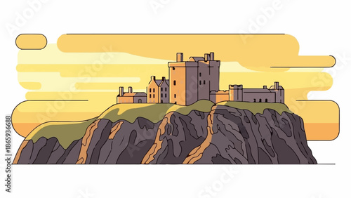 Stylized medieval castle atop a rocky cliff against a warm, abstract sky