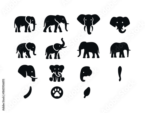 Elephant Icon Collection. Elephants. Solid icon set of Elephants: elephant standing, elephant walking, elephant head, baby elephant, elephant with raised