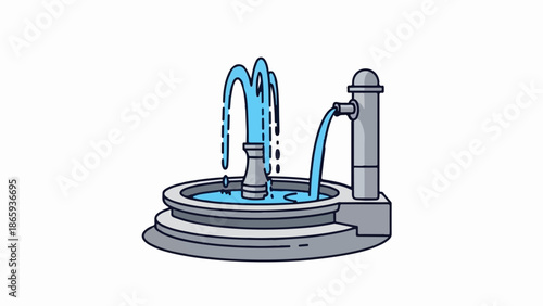 Stylized fountain with water spraying upwards and pouring from a spout into a circular basin
