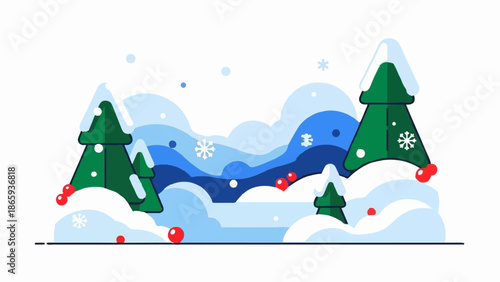 Stylized snowy forest with green trees, red berries, and falling snowflakes
