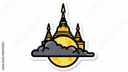Stylized golden Buddhist stupas behind a full moon and clouds