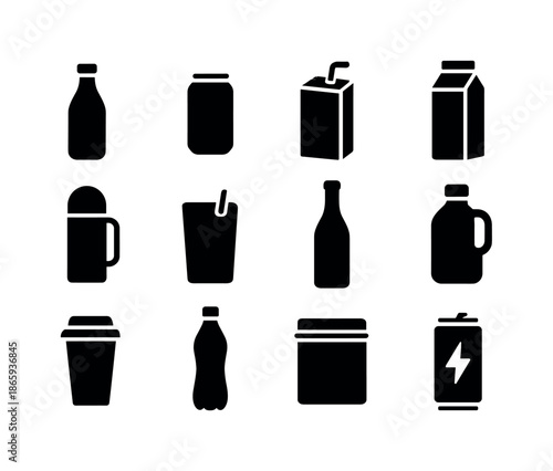Beverage Packaging Icons. Beverage packaging. Solid icon set of Beverage packaging: bottle, can, juice box, milk carton, thermos, drink pouch, wine bottle,