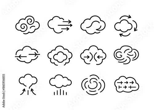 Interstellar Cloud Icons. Interstellar cloud dynamics. Line icon set of Interstellar cloud dynamics: turbulence curls, gas flow arrows, compression wave, cloud