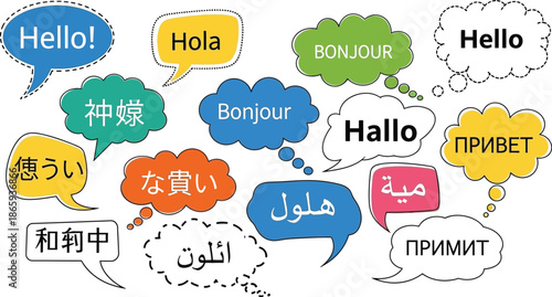 Diverse colorful speech bubbles featuring the word hello translated into multiple distinct world languages illustrating global communication concepts