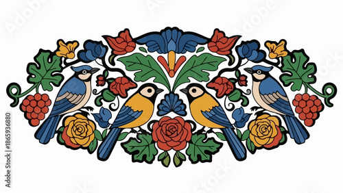 Whimsical avian and floral art featuring bluebirds and tits amidst roses, grapes, and stylized foliage