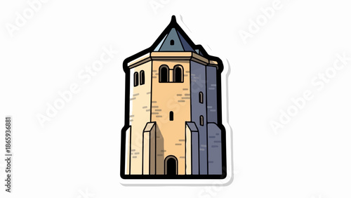 Stylized medieval tower with arched windows and a conical roof