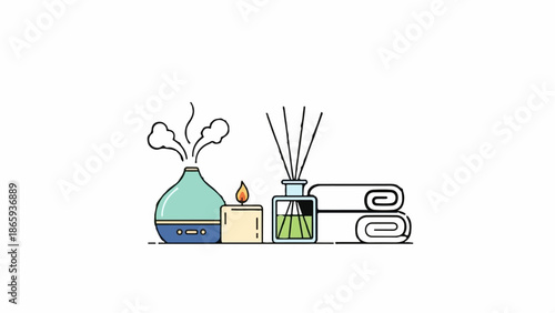 Spa items diffuser, candle, reed diffuser, and folded towels