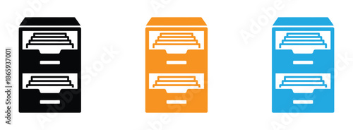 Filing Cabinet Icon Collection With Multiple Styles. Colorful filing cabinet icons. Drawer Open with Folders Icon for Office Filing and Storage System