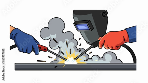 Two gloved hands weld metal bar, sparks fly, smoke billows, safety helmet