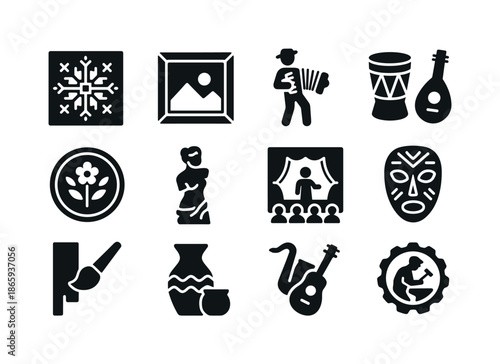 Folk Arts Icons. Folk and Fine Arts. Solid icon set of Folk and Fine Arts: detailed embroidery, gallery frame, street performer, drum and lute, hand-painted
