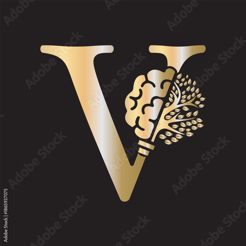 Brain Tree Logo  combine with letter V vector template